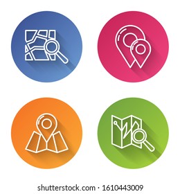 Set line Folded map with location marker, Map pin, Folded map with location marker and Folded map with location marker. Color circle button. Vector
