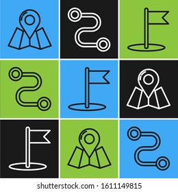Set line Folded map with location marker, Flag and Route location icon. Vector
