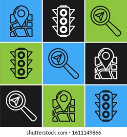 Set line Folded map with location marker, Search location and Traffic light icon. Vector
