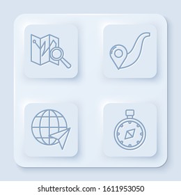Set line Folded map with location marker, Route location, Location on the globe and Compass. White square button. Vector