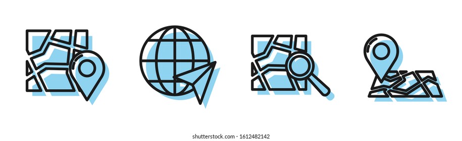 Set line Folded map with location marker, Folded map with location marker, Location on the globe and Folded map with location marker icon. Vector