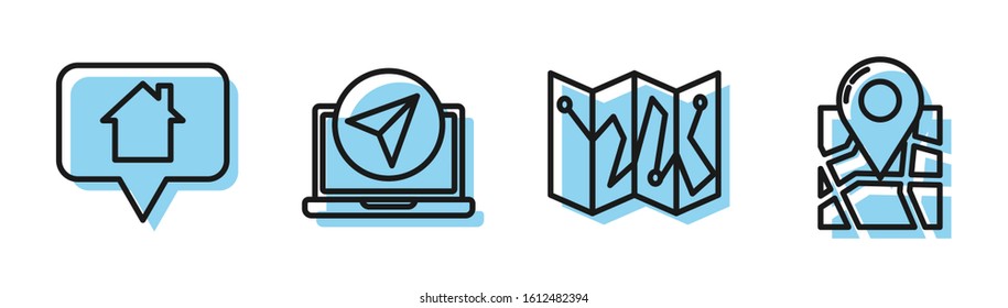 Set line Folded map with location marker, Map pointer with house, Infographic of city map navigation and Folded map with location marker icon. Vector