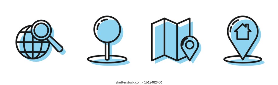 Set line Folded map with location marker, Magnifying glass with globe, Push pin and Map pointer with house icon. Vector