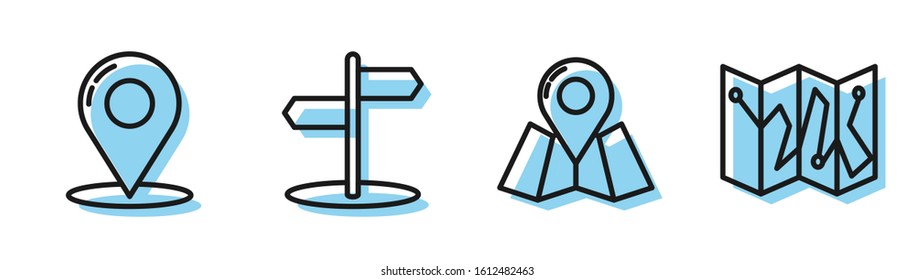 Set line Folded map with location marker, Map pin, Road traffic sign and Folded map with location marker icon. Vector