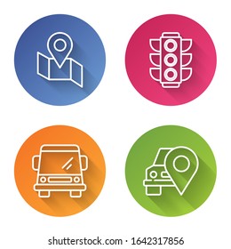 Set line Folded map with location marker, Traffic light, Car and Map pointer with taxi. Color circle button. Vector