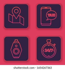 Set line Folded map with location marker, Car key with remote, Taxi call telephone service and Stopwatch 24 hours. Blue square button. Vector