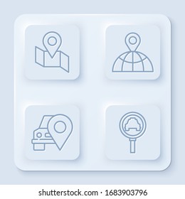Set line Folded map with location marker, Location on the globe, Map pointer with taxi and Magnifying glass and taxi car. White square button. Vector