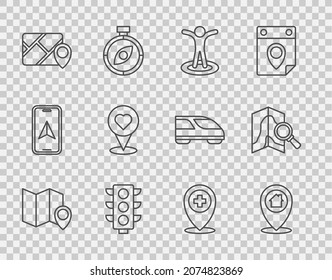 Fijar línea Mapa doblado con marcador de ubicación, Casa de ubicación, persona, Luz de tráfico, Infografía de la navegación de la ciudad, corazón, hospital cruzado e icono de búsqueda. Vector