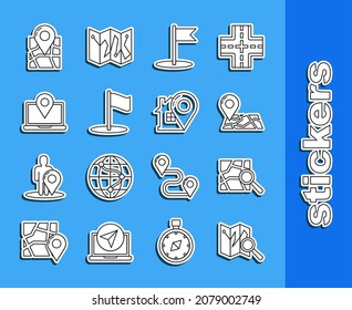 Set line Folded map with location marker, Flag, Laptop,  and Map pointer house icon. Vector