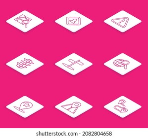 Set line Folded map with location marker, Road traffic sign, Exclamation in triangle, Traffic light, Magnifying glass globe, Map pointer star and  icon. Vector