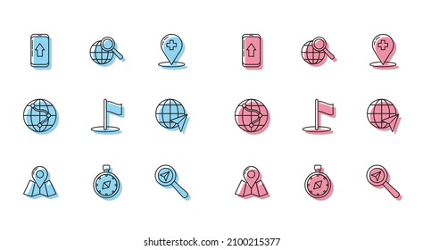 Set line Folded map with location marker, Compass, Infographic of city navigation, Search, Flag, Location the globe,  and Magnifying glass icon. Vector