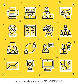 Set line Folded map with location, Human lamp bulb, Hierarchy organogram chart, Businessman, Browser files, Worker, Printer and Target arrow icon. Vector
