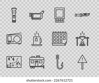 Set line Folded map with location, Exclamation mark in triangle, Open matchbox and matches, Rv Camping trailer, Flashlight, Cup of tea tea bag, Fishing hook and Campfire pot icon. Vector