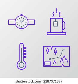 Set line Folded map with location, Meteorology thermometer, Cup of tea tea bag and Wrist watch icon. Vector