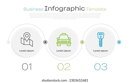 Fijar línea Mapa doblado con marcador de ubicación, Taxi car y clave Car. Plantilla de infografía empresarial. Vector