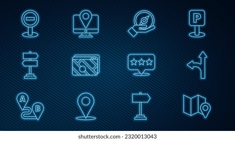 Set line Folded map with location marker, Road traffic sign, Compass, Infographic of city navigation, Stop, Map pointer star and Monitor icon. Vector