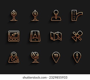 Set line Folded map with location marker, Earth globe, Location cross hospital, Cafe and restaurant, exclamation, City navigation, Satellite and  icon. Vector