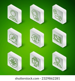 Set line Folded map with location marker, Monitor, Map pin, Push, Location house, Wind rose and City navigation icon. Vector