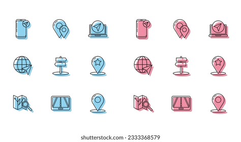 Set line Folded map with location marker, Infographic of city navigation, Map pin, Road traffic sign, pointer star, Location the globe and  icon. Vector