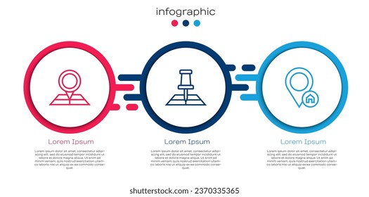 Establecer el mapa doblado de línea con el marcador de ubicación y la casa de ubicación. Plantilla de infografía empresarial. Vector