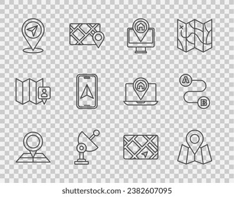 Set line Folded map with location marker, Monitor, Radar, Map pin, City navigation, Gps device and Route icon. Vector