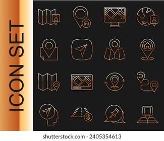 Set line Folded map with location marker, Route, Location house, Monitor, City navigation,  and  icon. Vector