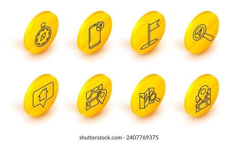 Set line Folded map with location marker, Map pointer house, Search, Flag, Infographic of city navigation and Compass icon. Vector