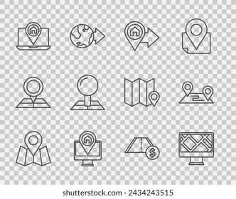 Set line Folded map with location marker, Monitor, Location house, City navigation, Toll road traffic and Route icon. Vector