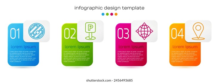 Set line Folded map with location, Parking, World globe with compass and Location. Business infographic template. Vector
