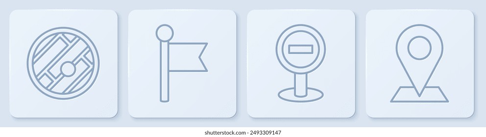 Set line Folded map with location, Stop sign, Location marker and Location. White square button. Vector
