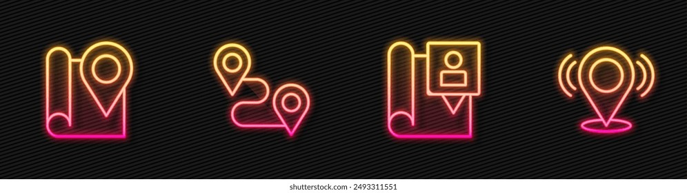 Set line Folded map with location marker, Route and Map pin. Glowing neon icon. Vector
