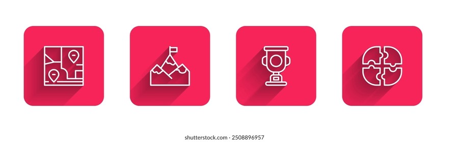 Set line Folded map with location, Mountains flag, Award cup and Piece of puzzle with long shadow. Red square button. Vector