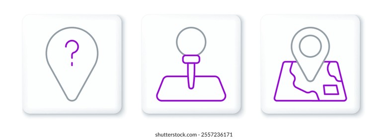 Set line Folded map with location marker, Unknown route point and Push pin icon. Vector