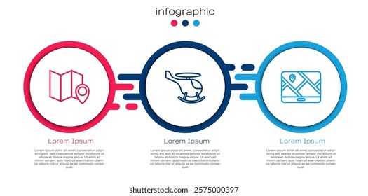 Set line Folded map with location marker, Helicopter and City navigation. Business infographic template. Vector