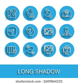 Set line Folded map with location marker, Route, Monitor, Map human,  and Gps device icon. Vector