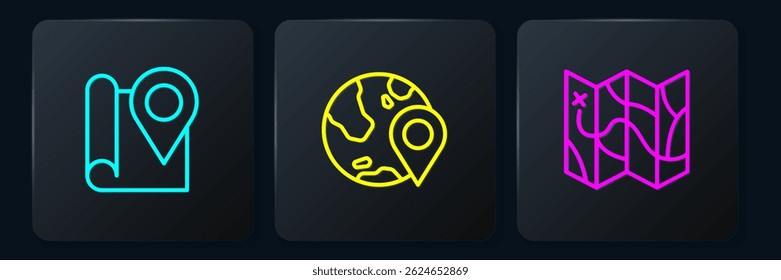 Set line Folded map with location marker,  and Location the globe. Black square button. Vector
