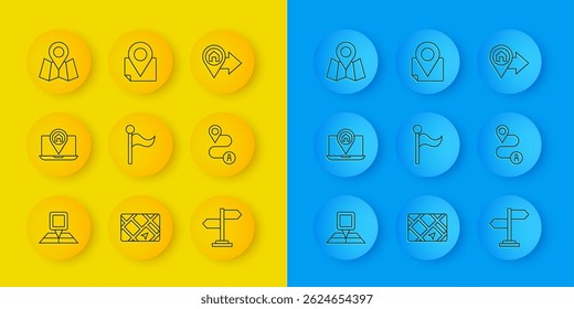 Set line Folded map with location marker, City navigation, Flag, Road traffic sign, Route, Location house and  icon. Vector