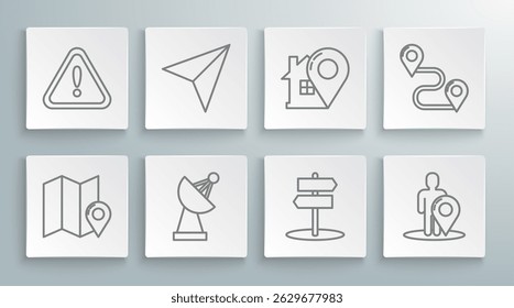Set line Folded map with location marker, Paper airplane, Radar, Road traffic sign, Map silhouette of person, pointer house, Route and Exclamation triangle icon. Vector