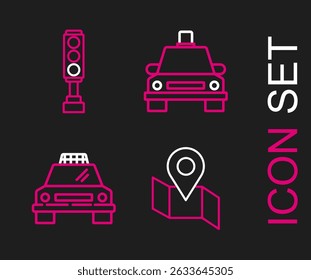 Set line Folded map with location marker, Taxi car,  and Traffic light icon. Vector
