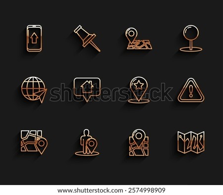 Set line Folded map with location marker, Map silhouette of person, Infographic city navigation, pointer house, Exclamation triangle and star icon. Vector