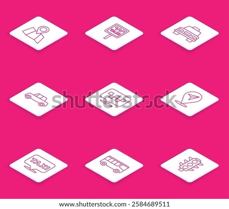 Set line Folded map with location, Road sign for taxi stand, Taxi car, Car, Location,  and Bus icon. Vector