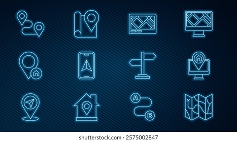 Set line Folded map, Monitor with location, Gps device, City navigation, Location house, Route, Road traffic sign and marker icon. Vector