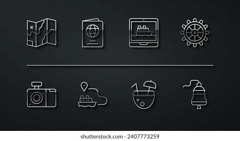 Set line Folded map, Photo camera, Ship steering wheel, Coconut cocktail, line path, Passport, bell and Cruise ship icon. Vector