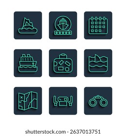 Set line Folded map, Poker table, Binoculars, Calendar, Suitcase, Cruise ship, Tropical island ocean and Shark fin wave icon. Vector