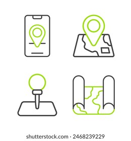 Set line Folded map, Push pin, with location marker and City navigation icon. Vector