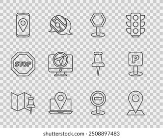 Set line Folded map with push pin, Location, Road traffic sign, Laptop location marker, City navigation, Monitor, Stop and Parking icon. Vector