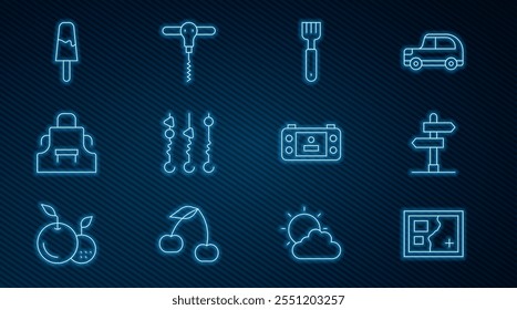 Set line Mapa dobrado, sinal de tráfego rodoviário, Garfo, grelhado shish kebab no espeto, Avental de cozinha, Sorvete, console de videogame portátil e ícone de saca-rolhas de vinho. Vetor