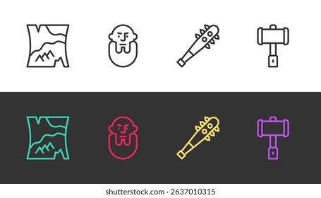 Set line Folded map, Viking head, Mace with spikes and Battle hammer on black and white. Vector