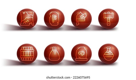 Set line Folded map, Wooden barrel, Battle hammer, Magic rune, Old money bag, Bottle with potion and Viking in horned helmet icon. Vector