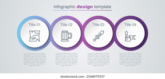 Set line Folded map, Wooden beer mug, Medieval sword and spear. Business infographic template. Vector